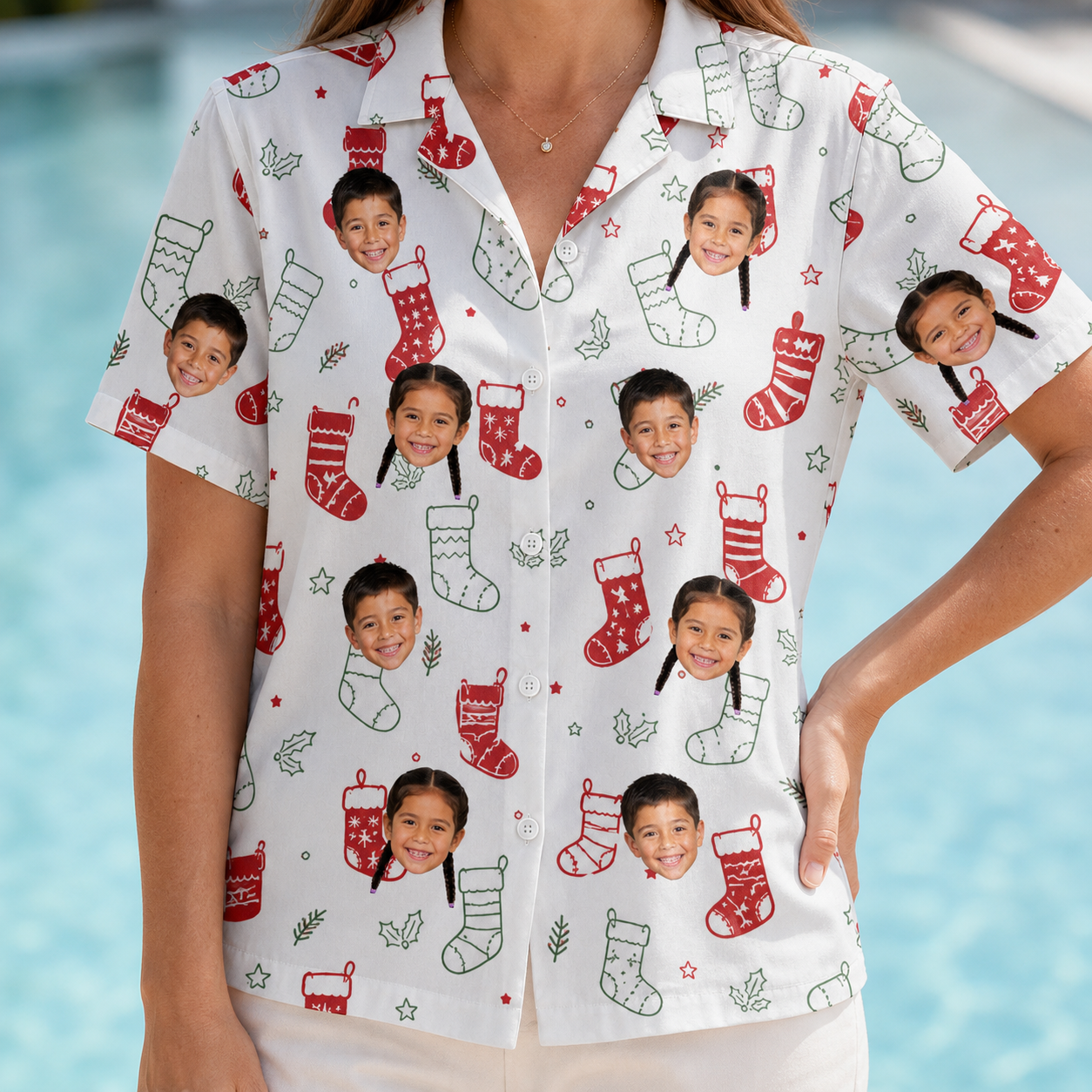 Model wearing Women's Yule Pouches Custom Face Hawaiian Shirt printed with kids' faces