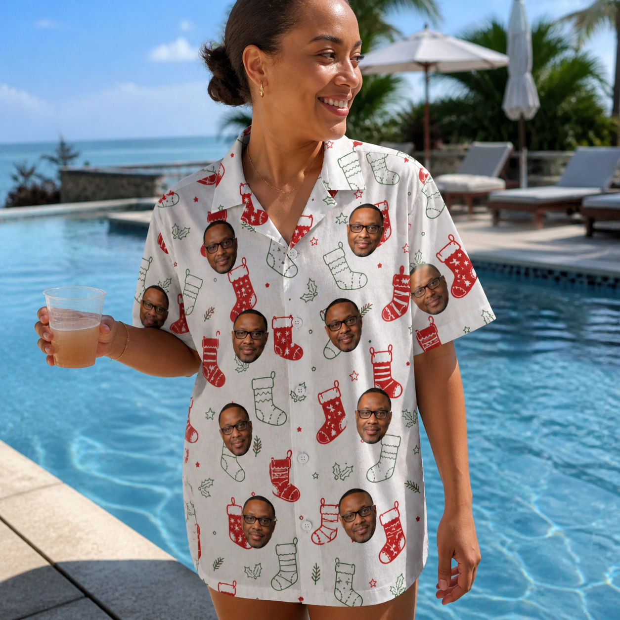 Real-life photo of someone wearing Women's Yule Pouches Custom Face Hawaiian Shirt — custom faces printed all-over