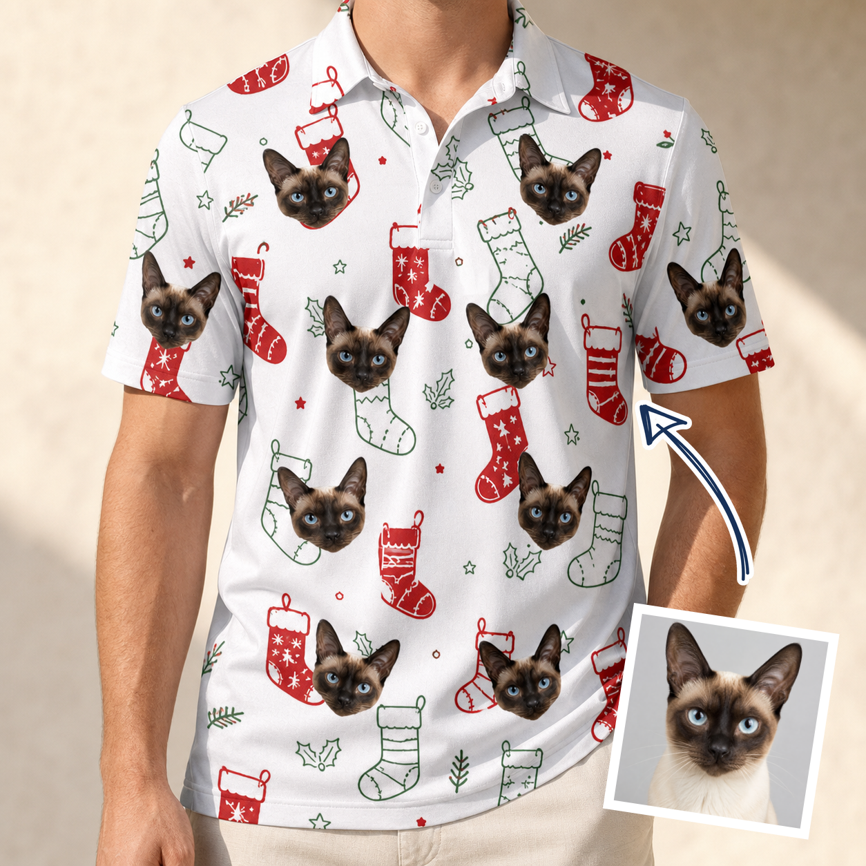 Man wearing Men's Yule Pouches Custom Cat Face Polo Shirt — custom faces printed all-over