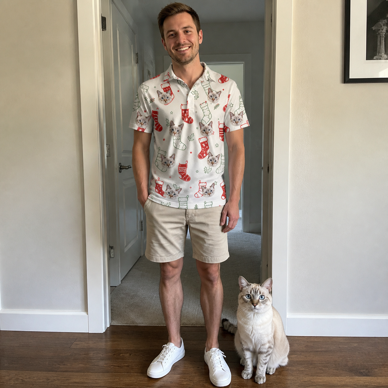 Full-length photo with the pet printed all over this Men's Yule Pouches Custom Cat Face Polo Shirt