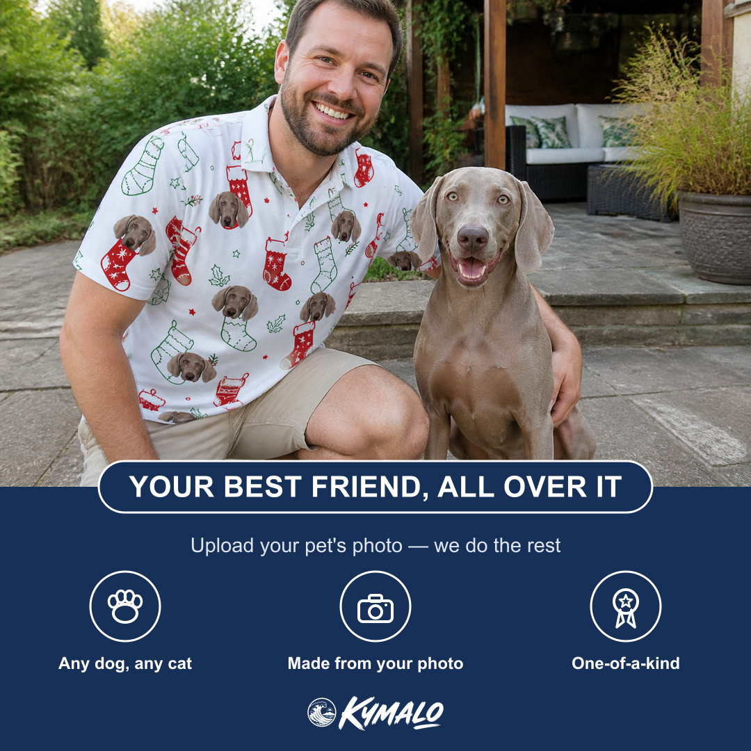 Friends in matching Men's Yule Pouches Custom Dog Face Polo Shirt — a group gift photo