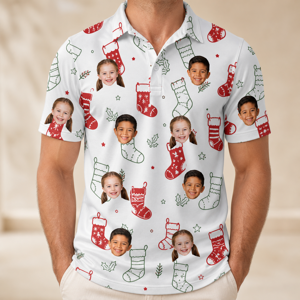 Model wearing Men's Yule Pouches Custom Face Polo Shirt printed with kids' faces