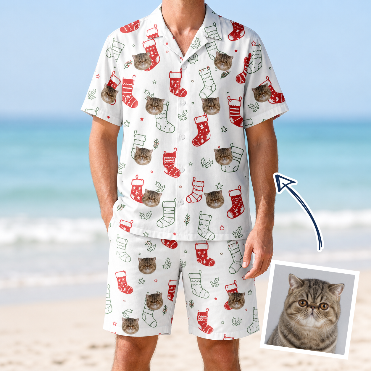 Man wearing Men's Yule Pouches Custom Cat Face Shirt & Shorts Set — custom faces printed all-over