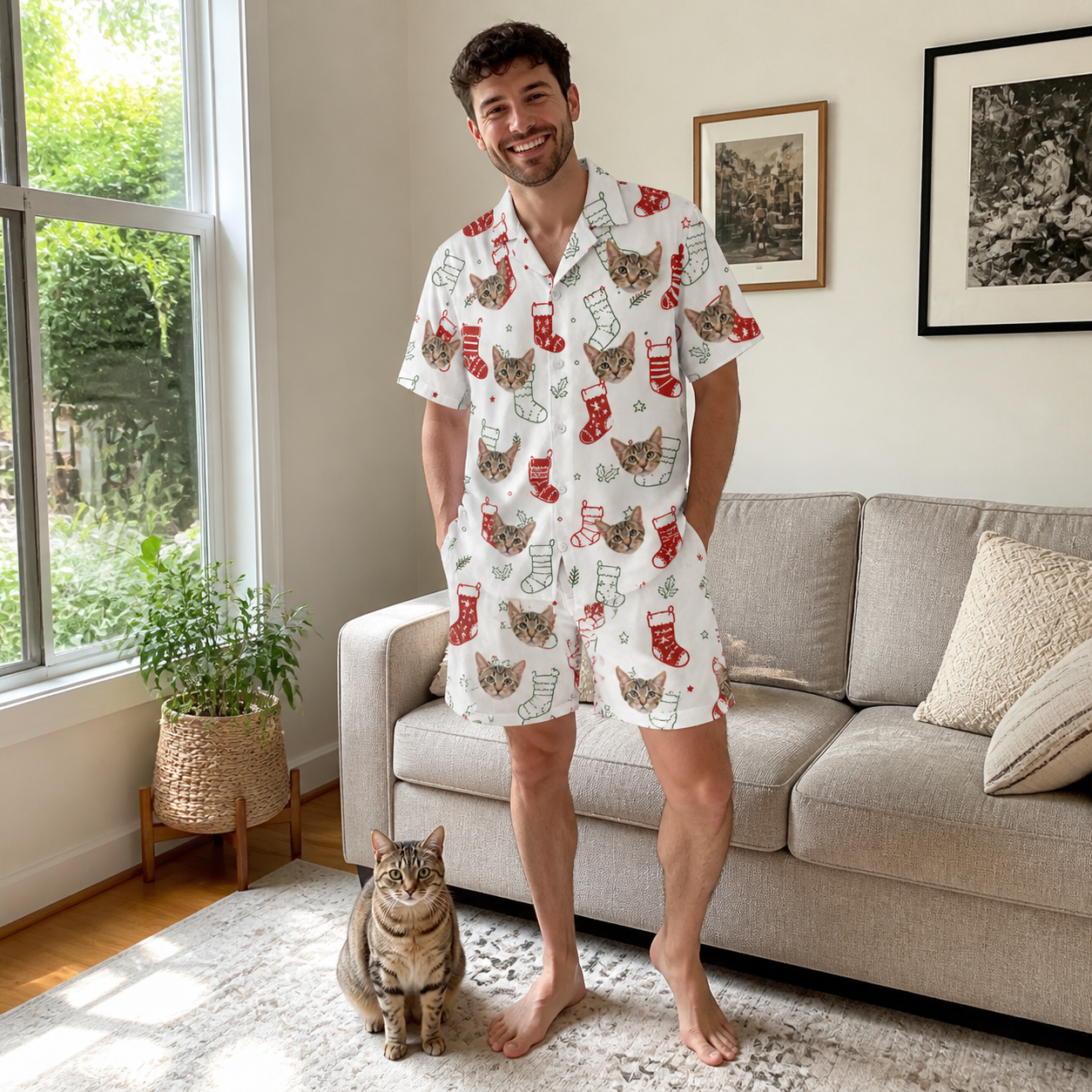 Full-length photo with the pet printed all over this Men's Yule Pouches Custom Cat Face Shirt & Shorts Set