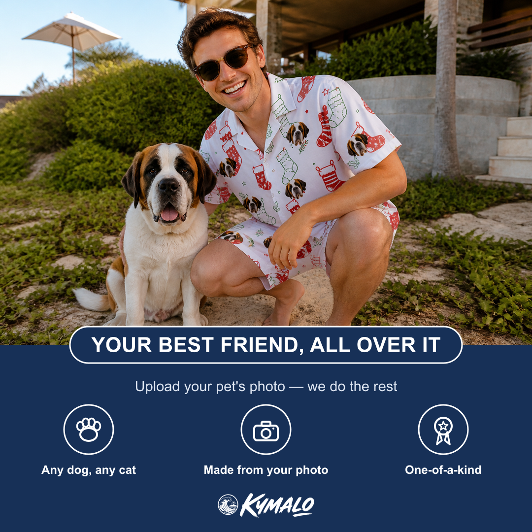 Friends in matching Men's Yule Pouches Custom Dog Face Shirt & Shorts Set — a group gift photo