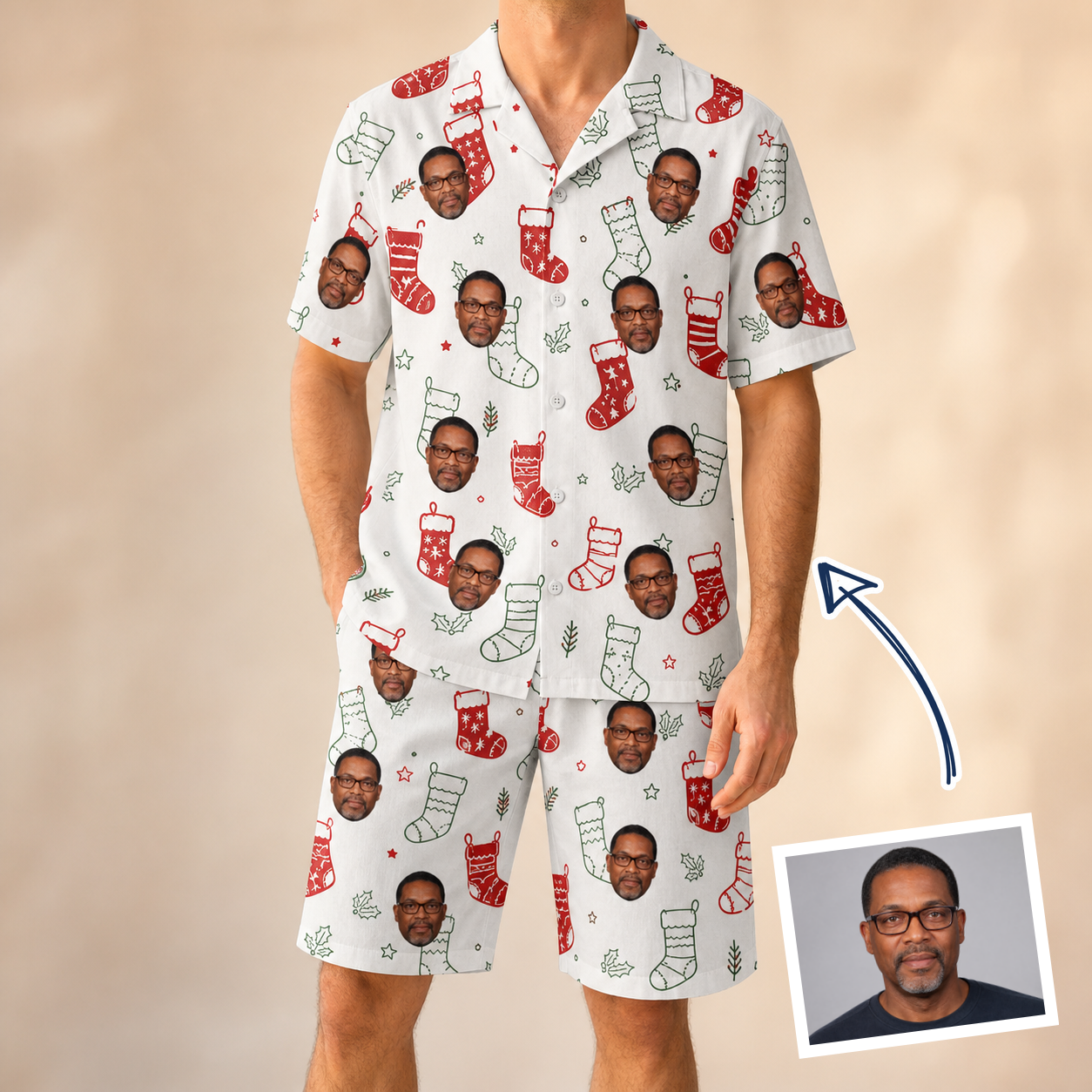 Man wearing Men's Yule Pouches Custom Face Shirt & Shorts Set — custom faces printed all-over