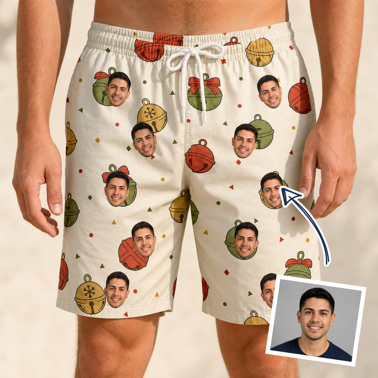Man wearing Men's Chime Charms Custom Face Beach Shorts — custom faces printed all-over