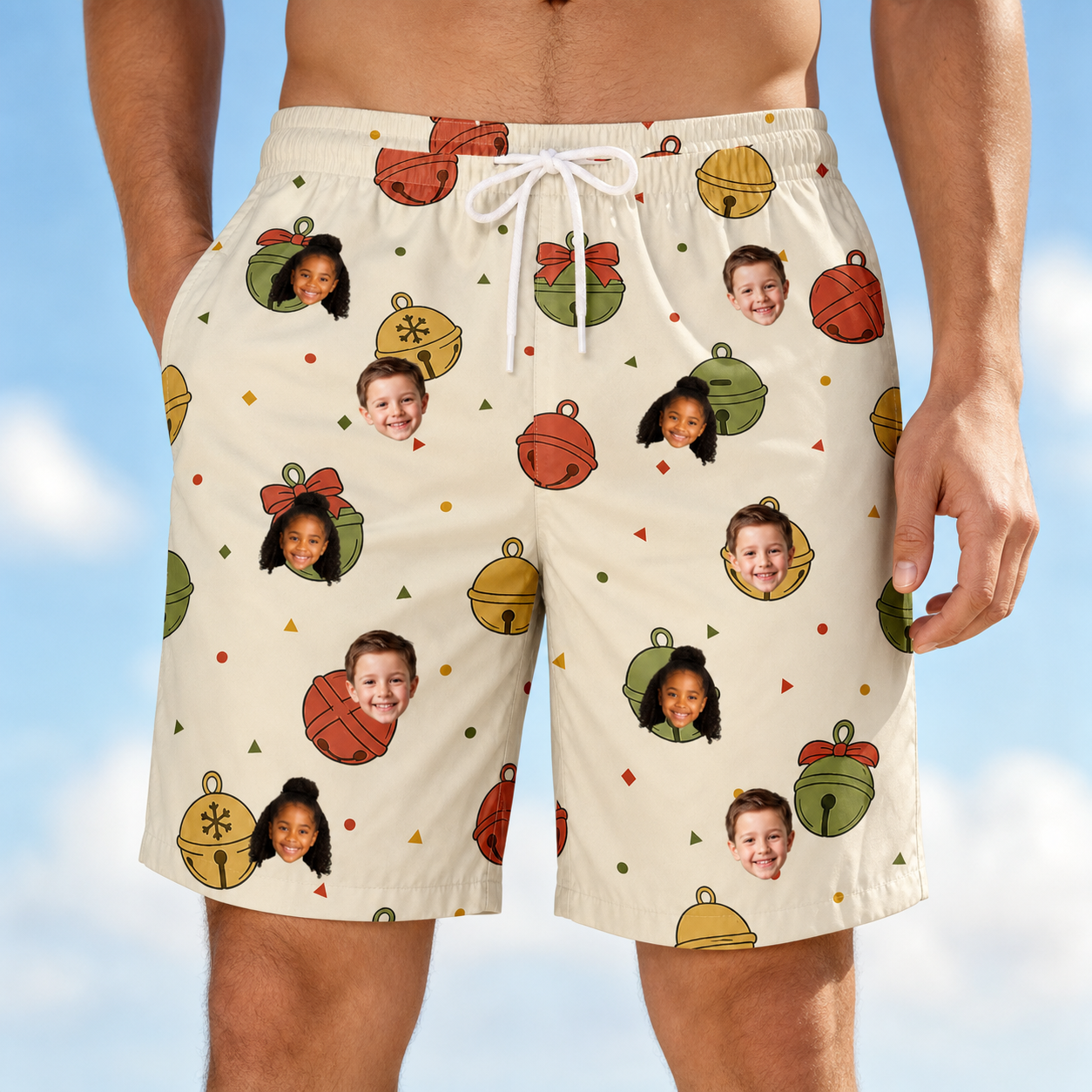 Model wearing Men's Chime Charms Custom Face Beach Shorts printed with kids' faces