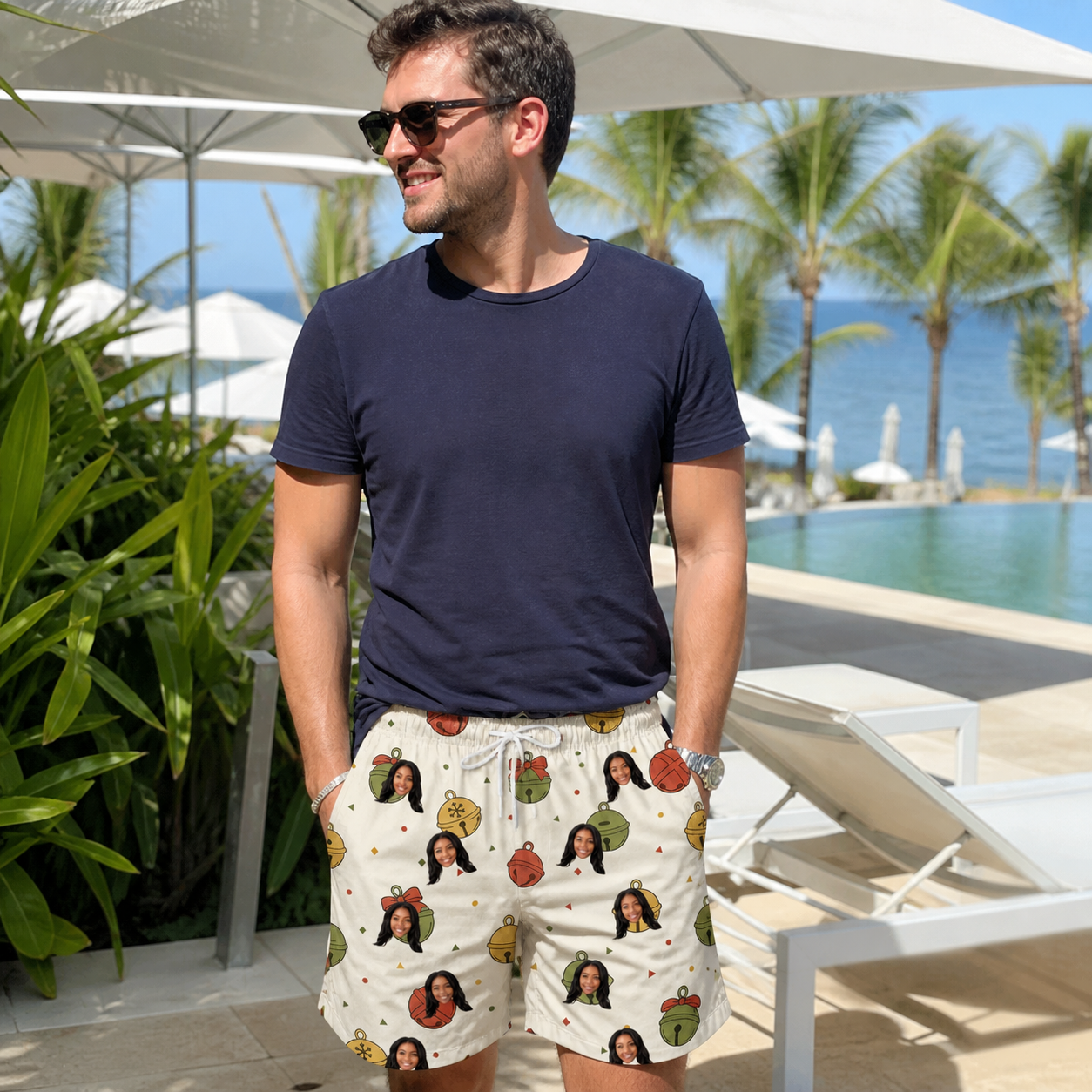 Real-life photo of someone wearing Men's Chime Charms Custom Face Beach Shorts — custom faces printed all-over