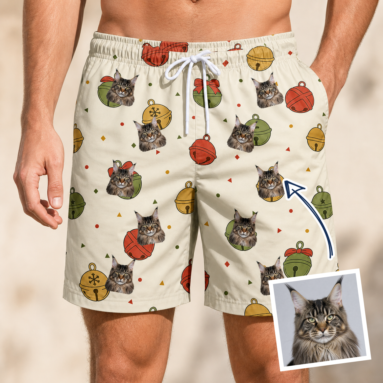 Man wearing Men's Chime Charms Custom Cat Face Beach Shorts — custom faces printed all-over