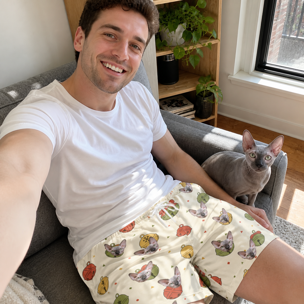 Selfie with the pet whose face is printed all over this Men's Chime Charms Custom Cat Face Beach Shorts