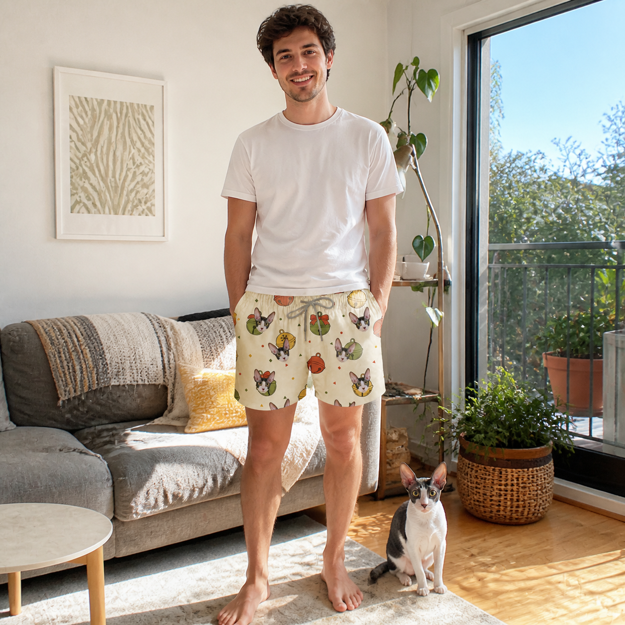 Full-length photo with the pet printed all over this Men's Chime Charms Custom Cat Face Beach Shorts