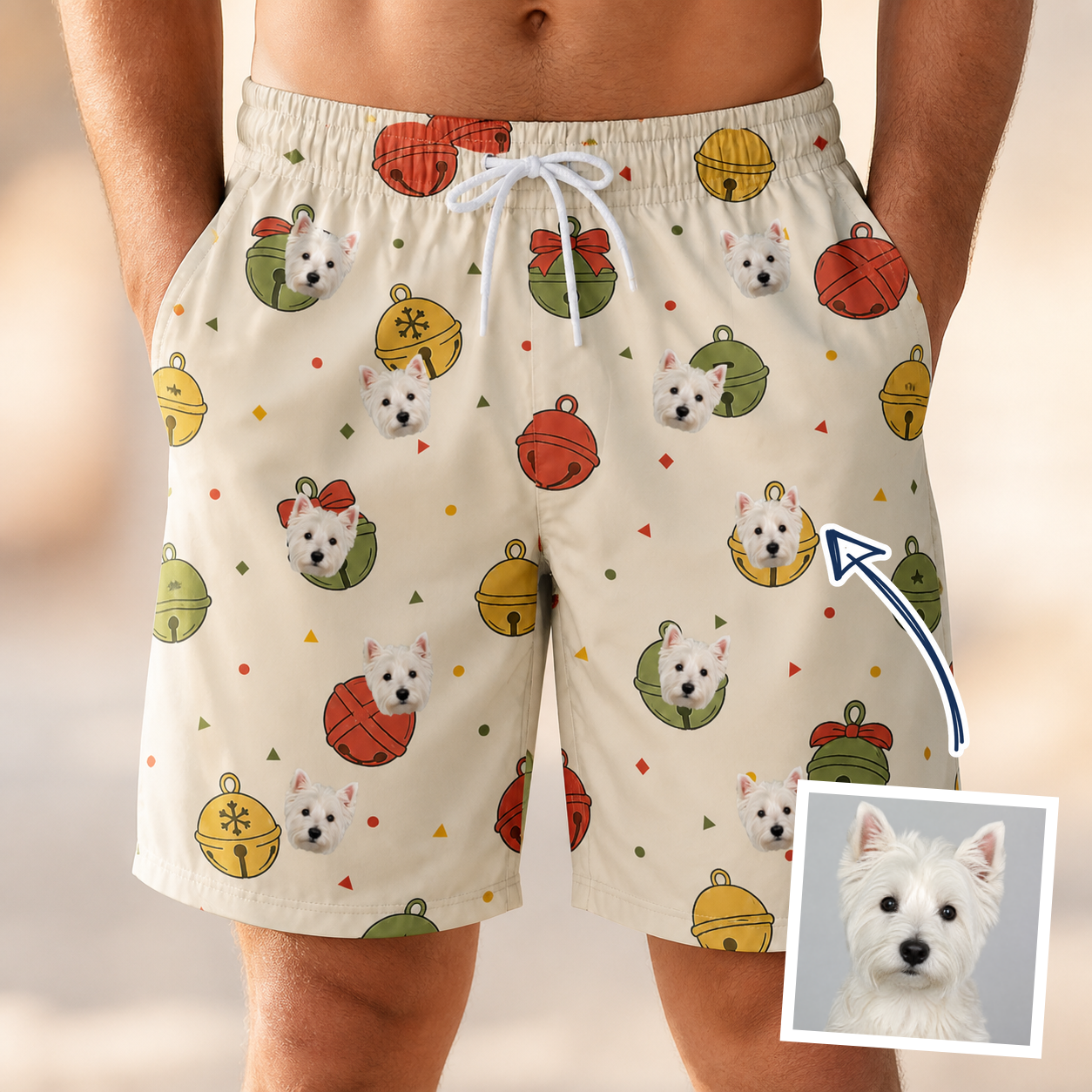 Man wearing Men's Chime Charms Custom Dog Face Beach Shorts — custom faces printed all-over