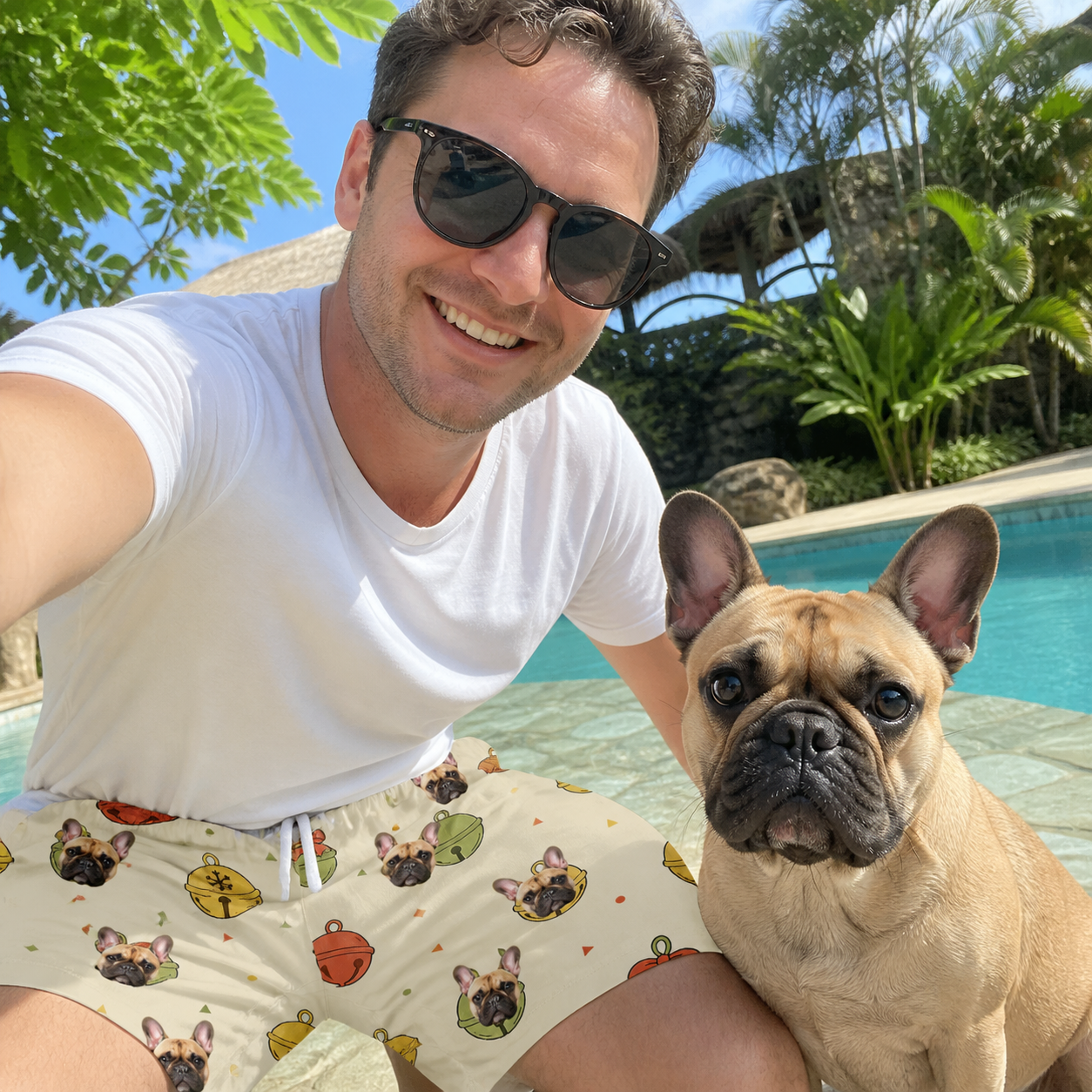Selfie with the pet whose face is printed all over this Men's Chime Charms Custom Dog Face Beach Shorts