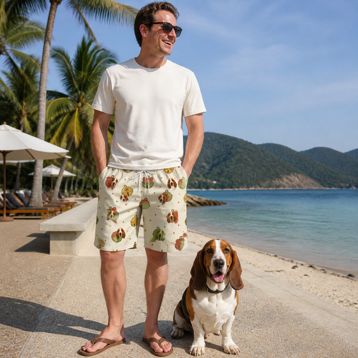 Full-length photo with the pet printed all over this Men's Chime Charms Custom Dog Face Beach Shorts