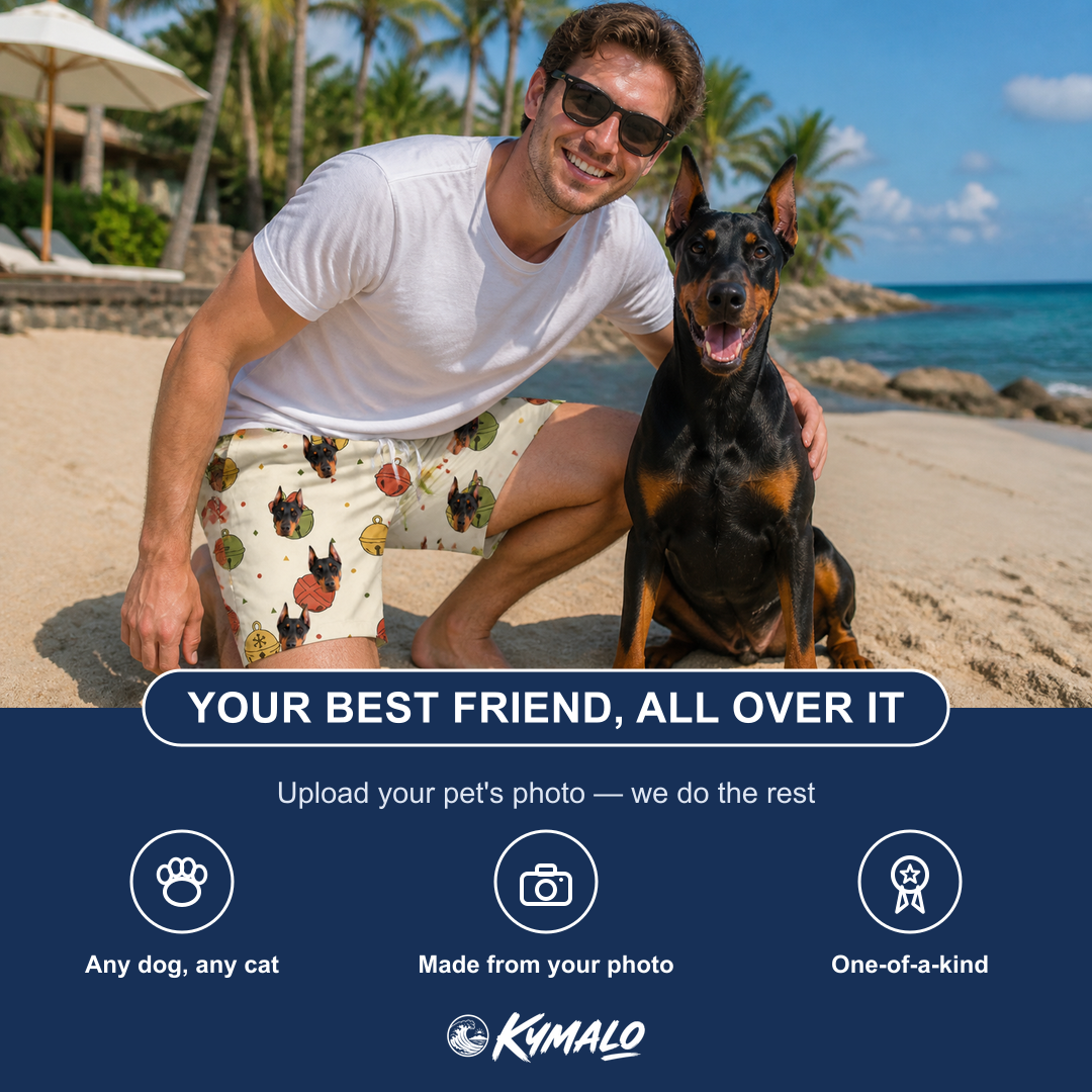 Friends in matching Men's Chime Charms Custom Dog Face Beach Shorts — a group gift photo