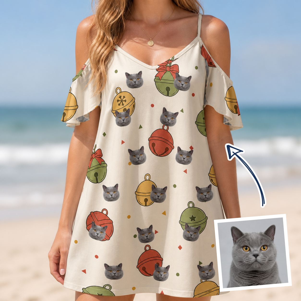 Woman wearing Women's Chime Charms Custom Cat Face Off-Shoulder Dress — custom faces printed all-over