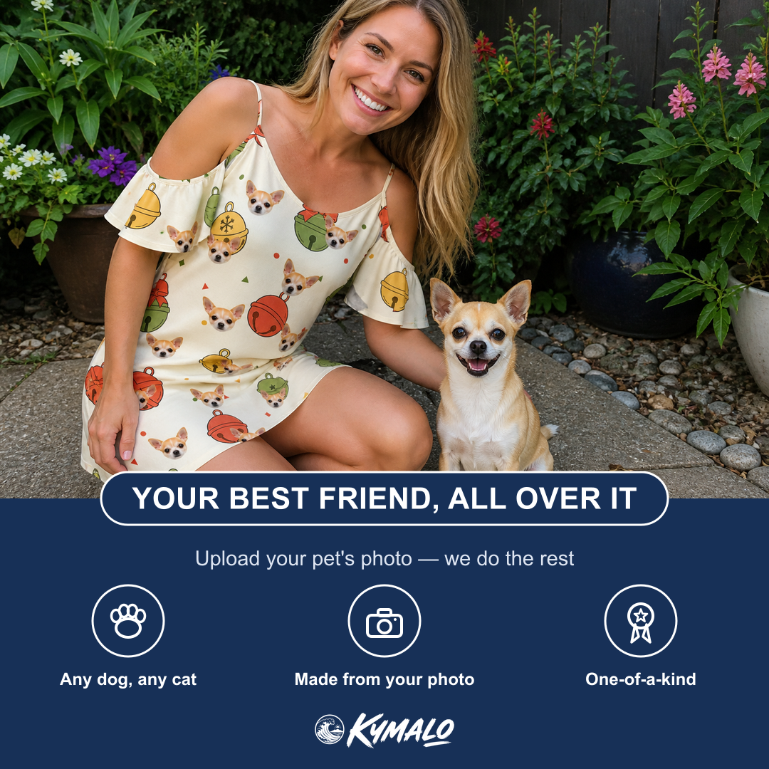 Friends in matching Women's Chime Charms Custom Dog Face Off-Shoulder Dress — a group gift photo