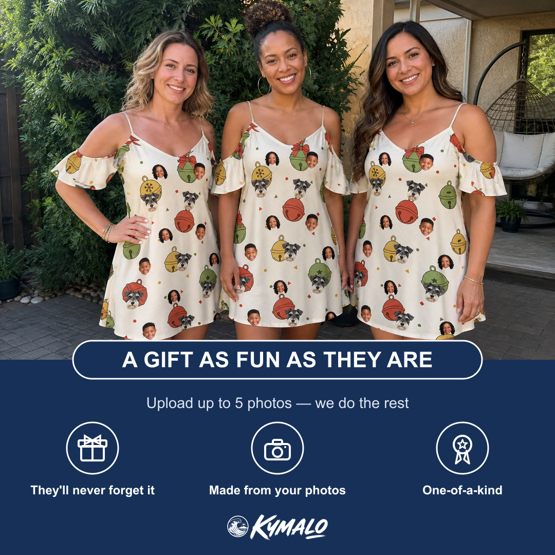 Friends in matching Women's Chime Charms Custom Face Off-Shoulder Dress — a group gift photo