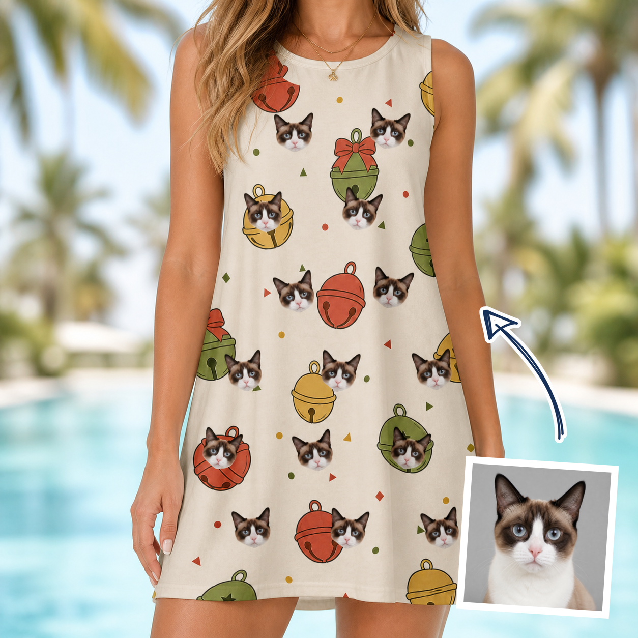 Woman wearing Women's Chime Charms Custom Cat Face Tank Dress — custom faces printed all-over