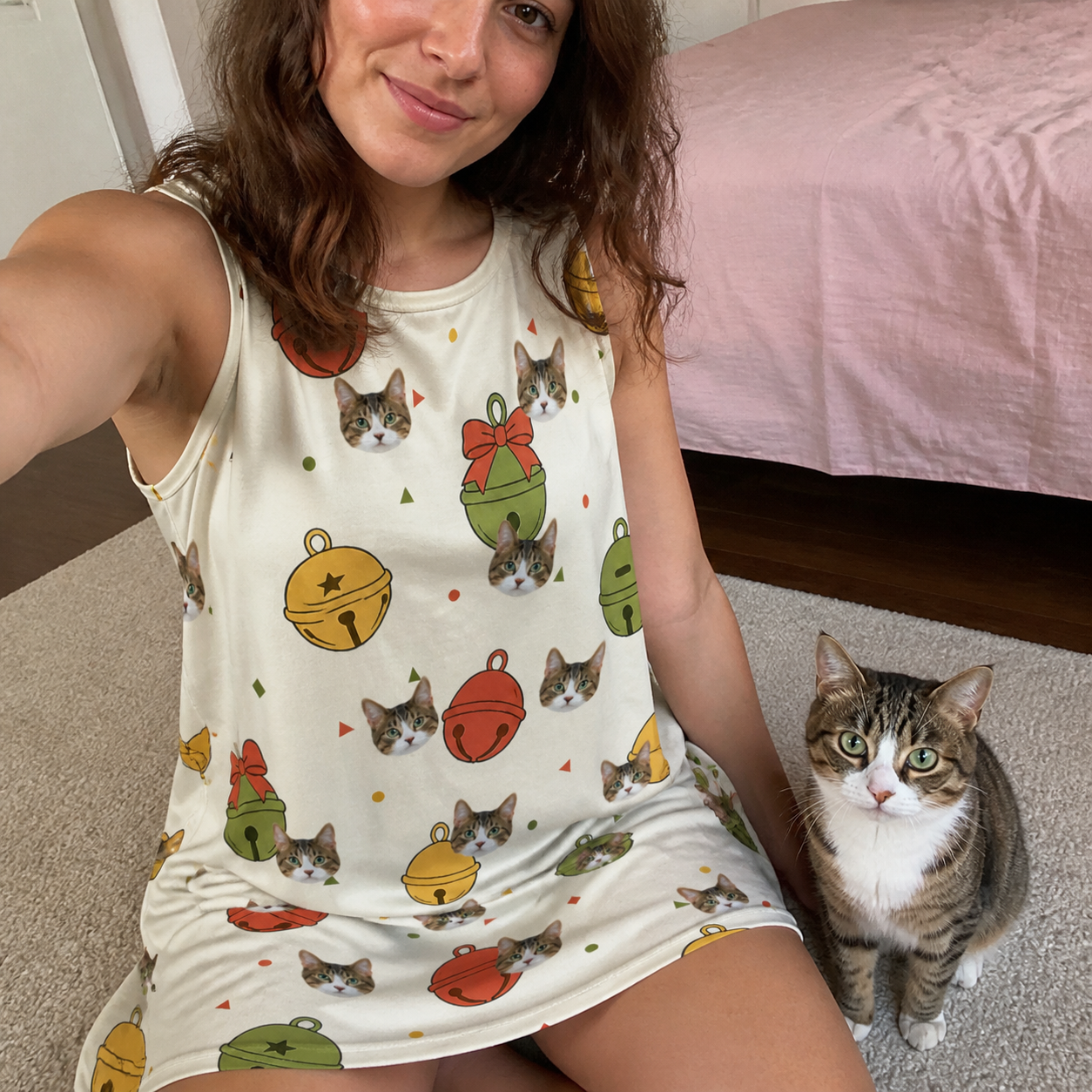 Selfie with the pet whose face is printed all over this Women's Chime Charms Custom Cat Face Tank Dress