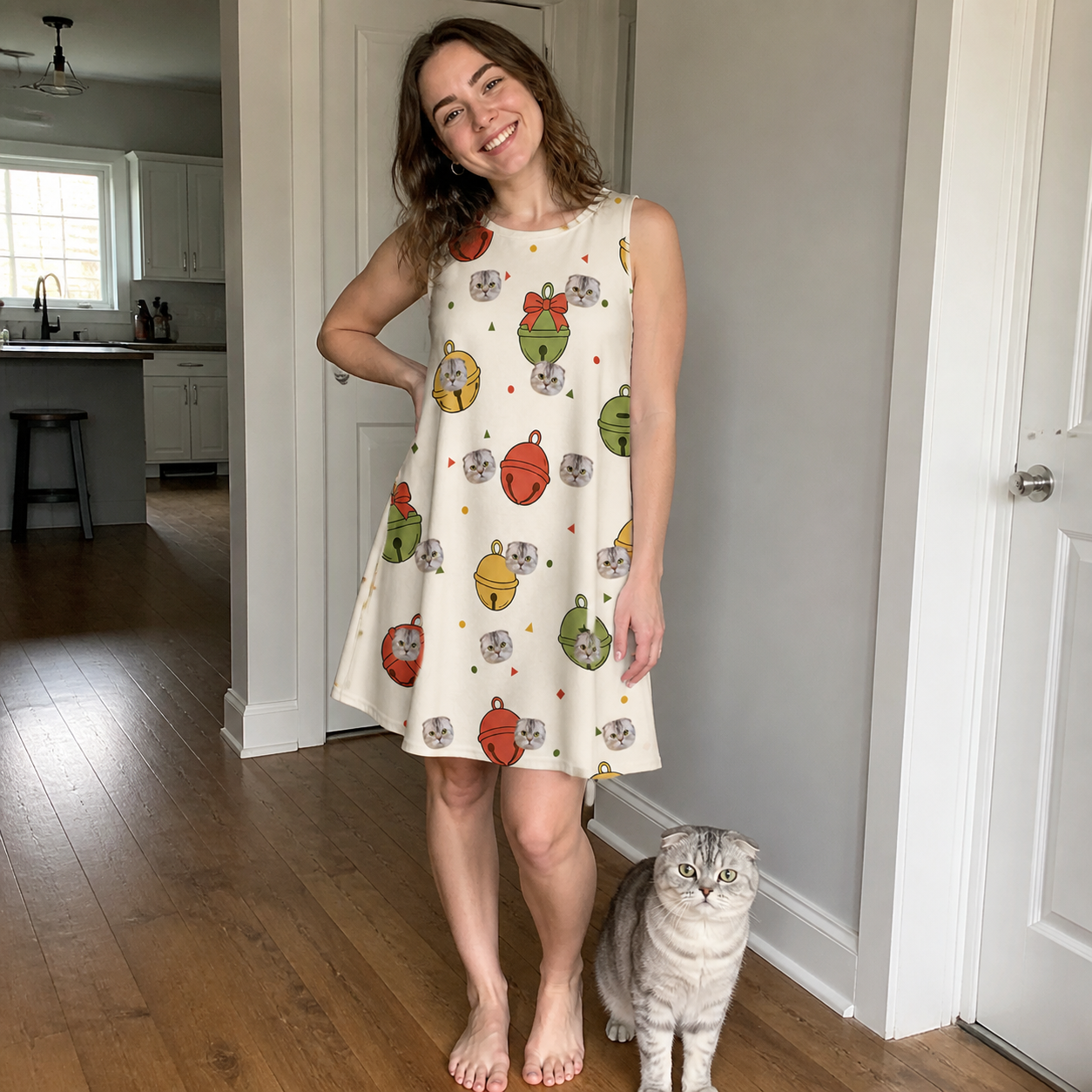 Full-length photo with the pet printed all over this Women's Chime Charms Custom Cat Face Tank Dress