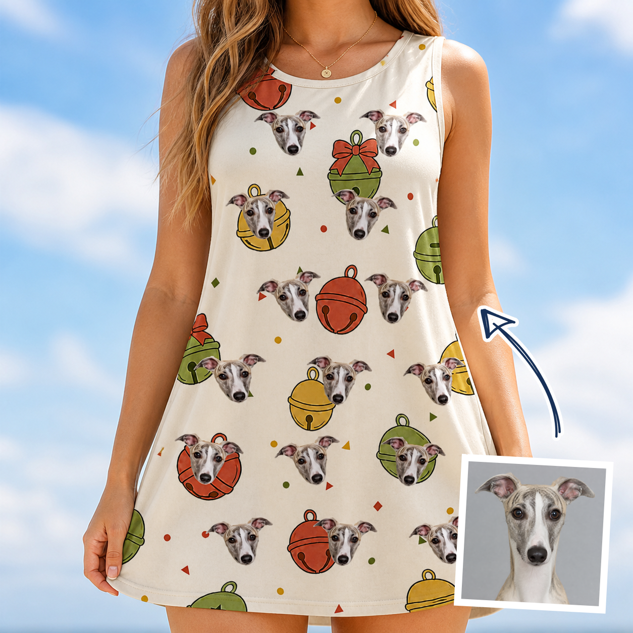 Woman wearing Women's Chime Charms Custom Dog Face Tank Dress — custom faces printed all-over