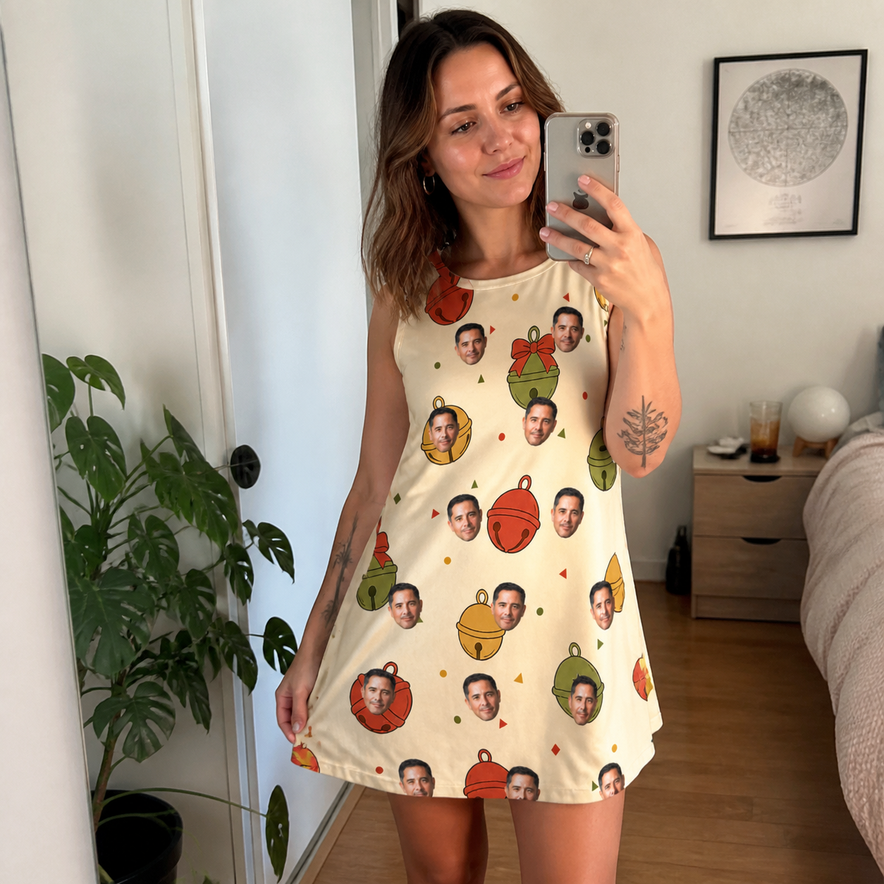 Real-life photo of someone wearing Women's Chime Charms Custom Face Tank Dress — custom faces printed all-over