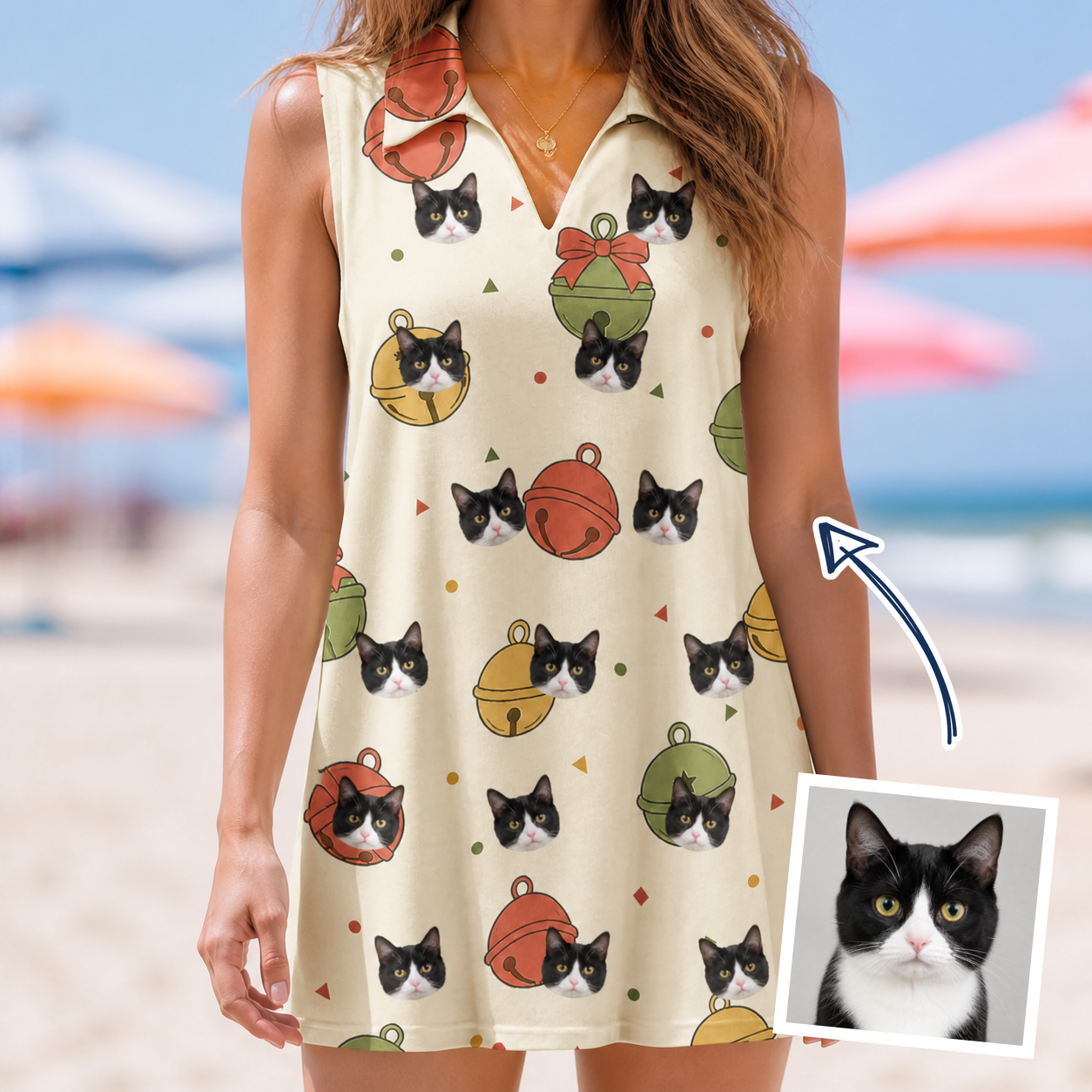 Woman wearing Women's Chime Charms Custom Cat Face V-Neck Dress — custom faces printed all-over