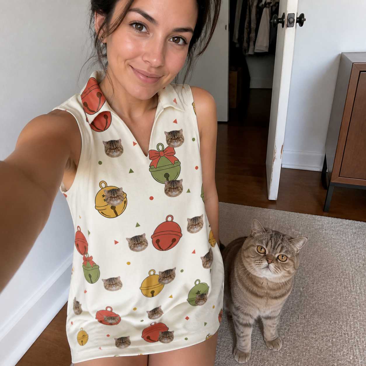 Selfie with the pet whose face is printed all over this Women's Chime Charms Custom Cat Face V-Neck Dress