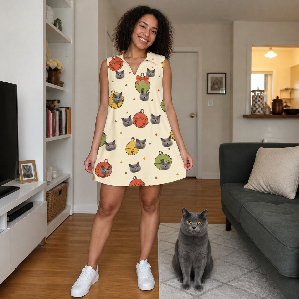 Full-length photo with the pet printed all over this Women's Chime Charms Custom Cat Face V-Neck Dress