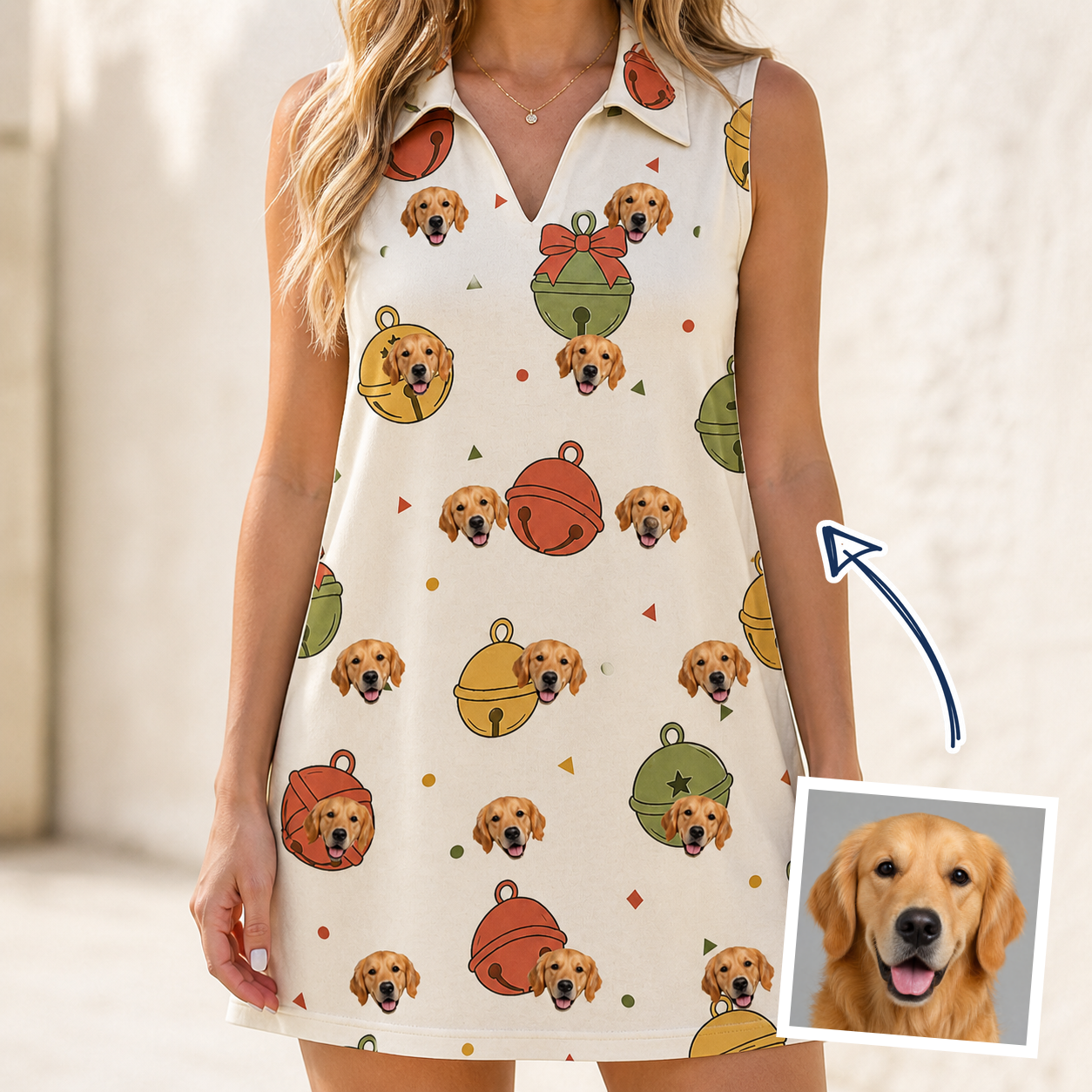 Woman wearing Women's Chime Charms Custom Dog Face V-Neck Dress — custom faces printed all-over