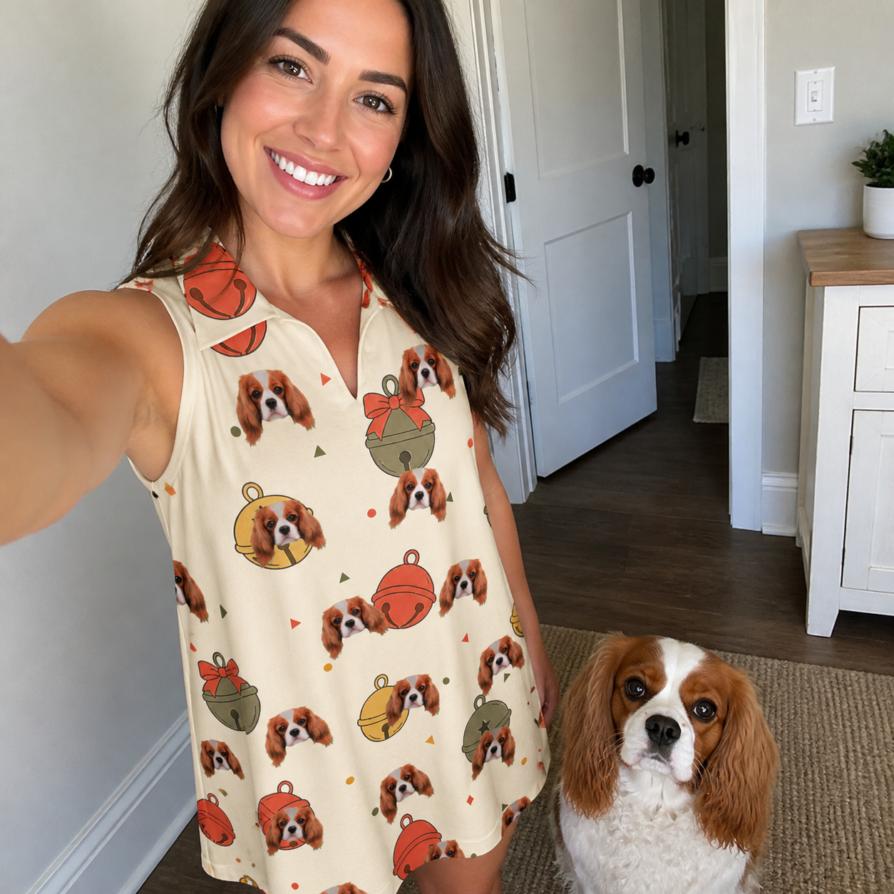 Selfie with the pet whose face is printed all over this Women's Chime Charms Custom Dog Face V-Neck Dress