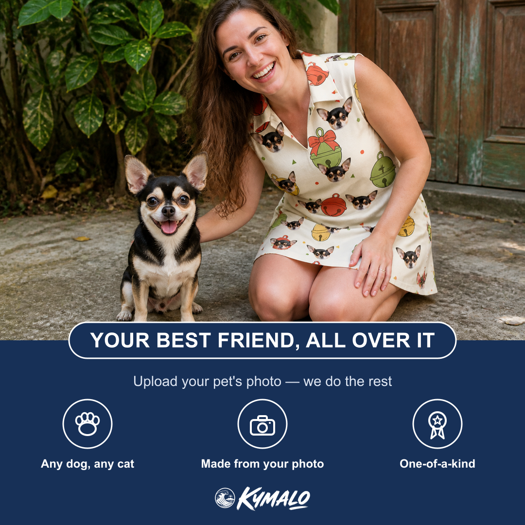 Friends in matching Women's Chime Charms Custom Dog Face V-Neck Dress — a group gift photo