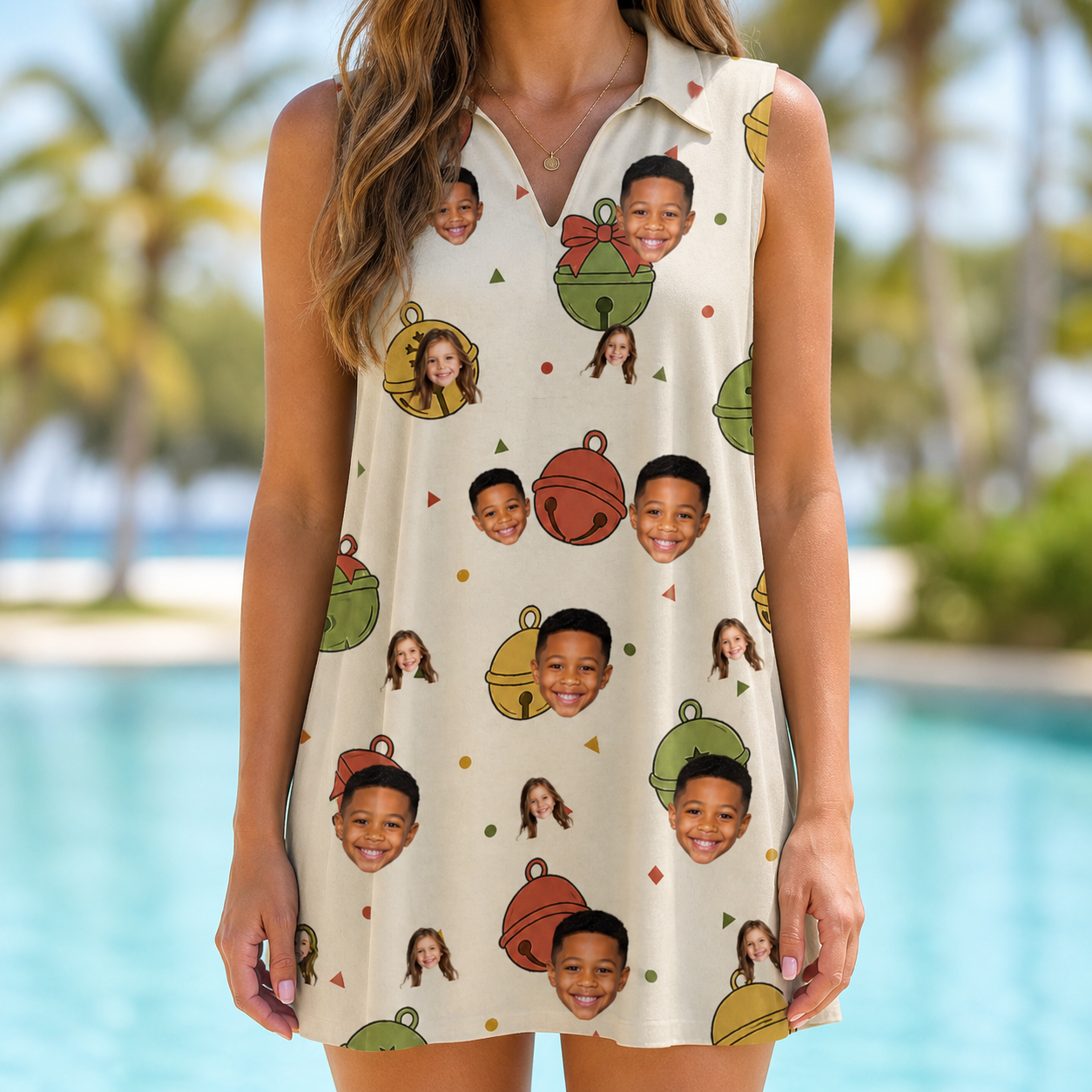 Model wearing Women's Chime Charms Custom Face V-Neck Dress printed with kids' faces