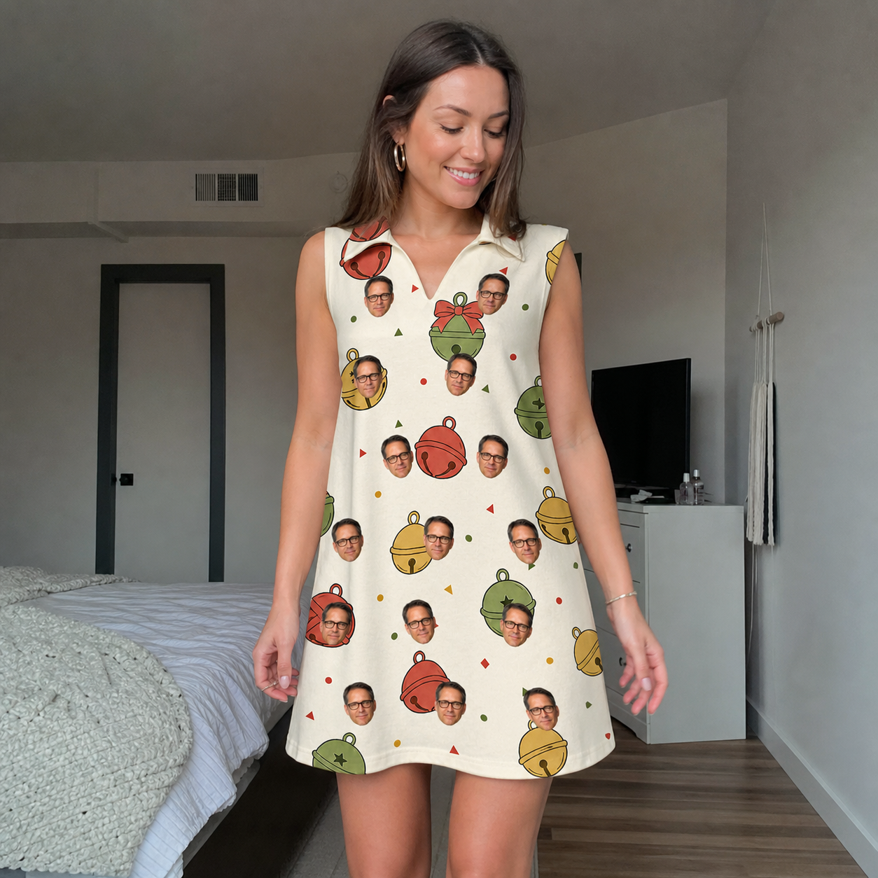 Real-life photo of someone wearing Women's Chime Charms Custom Face V-Neck Dress — custom faces printed all-over