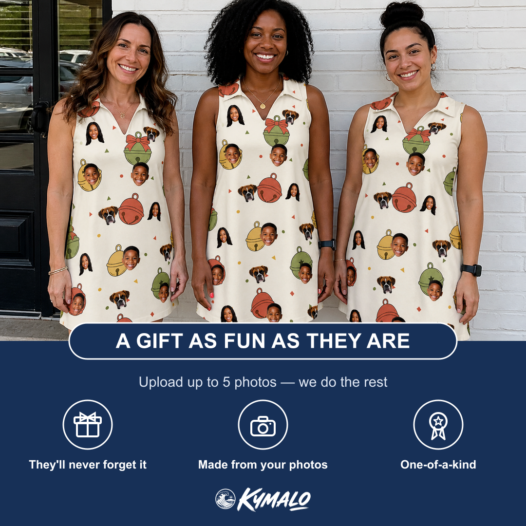 Friends in matching Women's Chime Charms Custom Face V-Neck Dress — a group gift photo