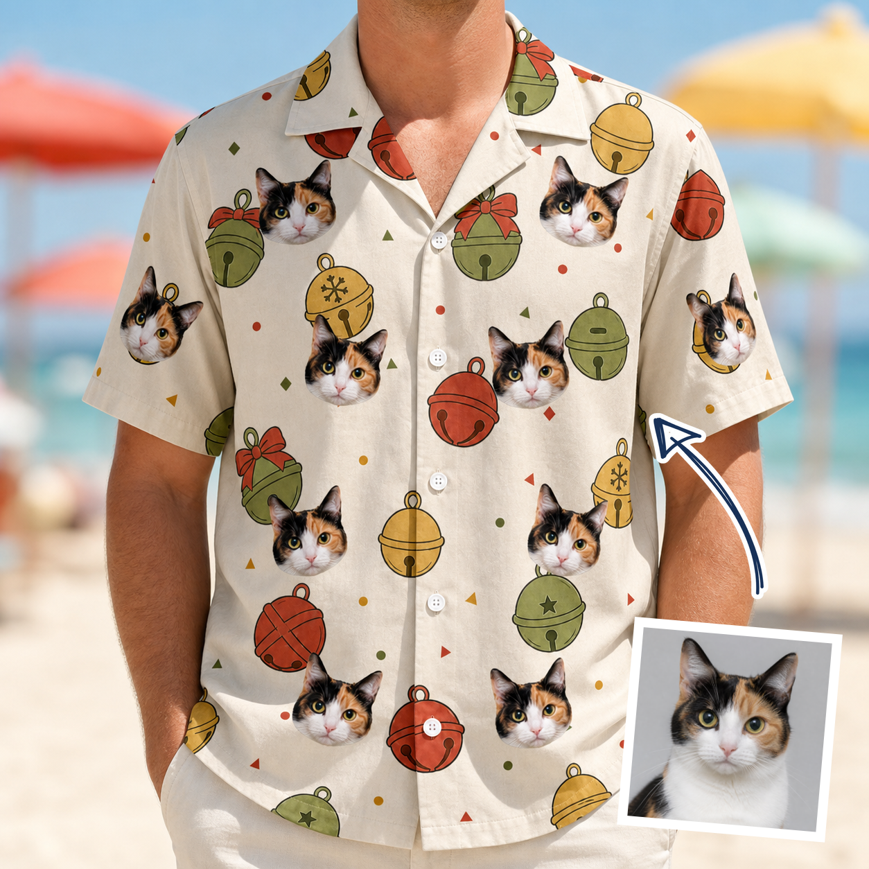 Man wearing Men's Chime Charms Custom Cat Face Hawaiian Shirt — custom faces printed all-over