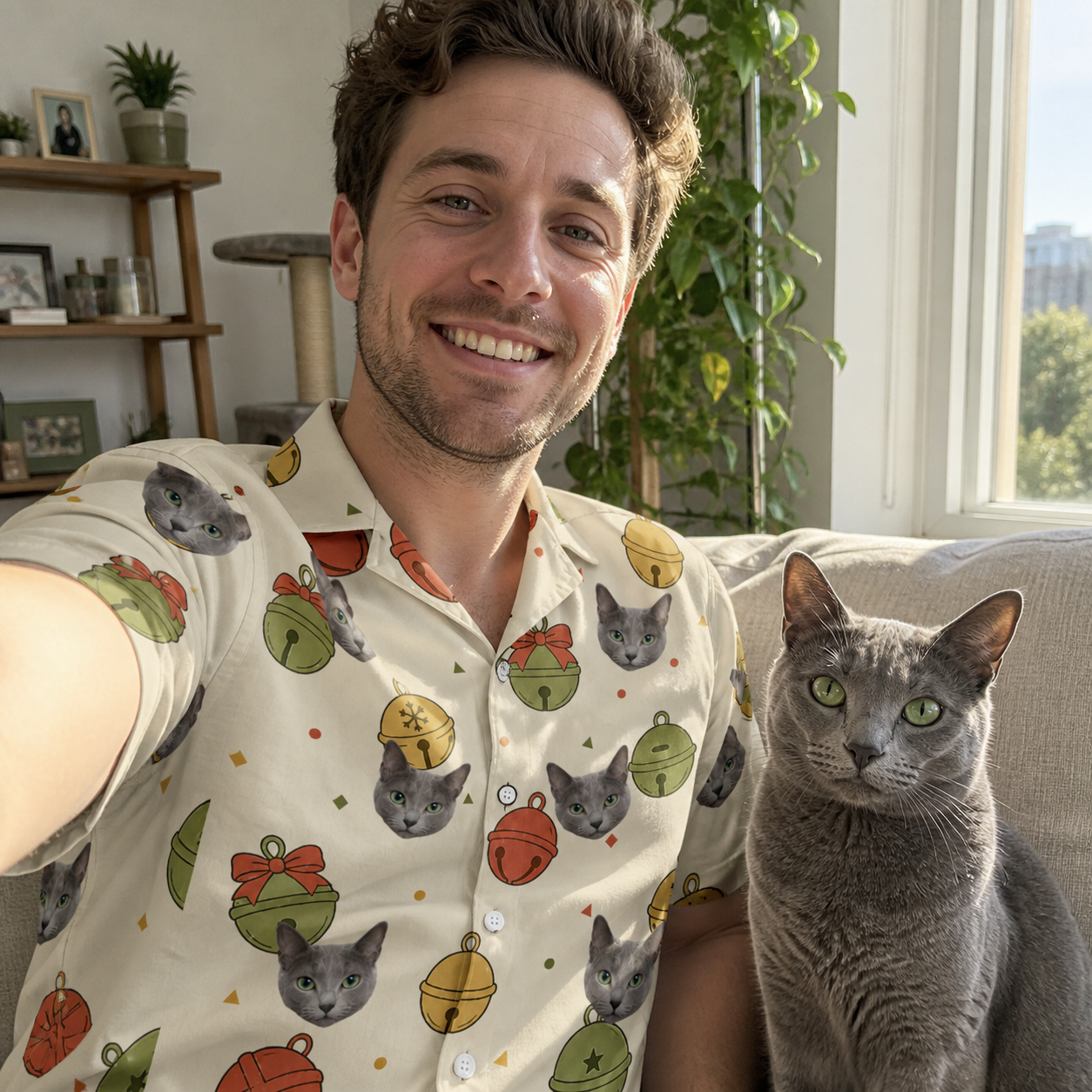 Selfie with the pet whose face is printed all over this Men's Chime Charms Custom Cat Face Hawaiian Shirt