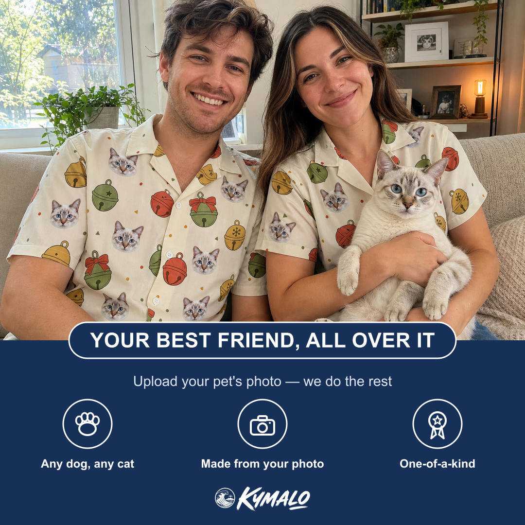 Friends in matching Men's Chime Charms Custom Cat Face Hawaiian Shirt — a group gift photo