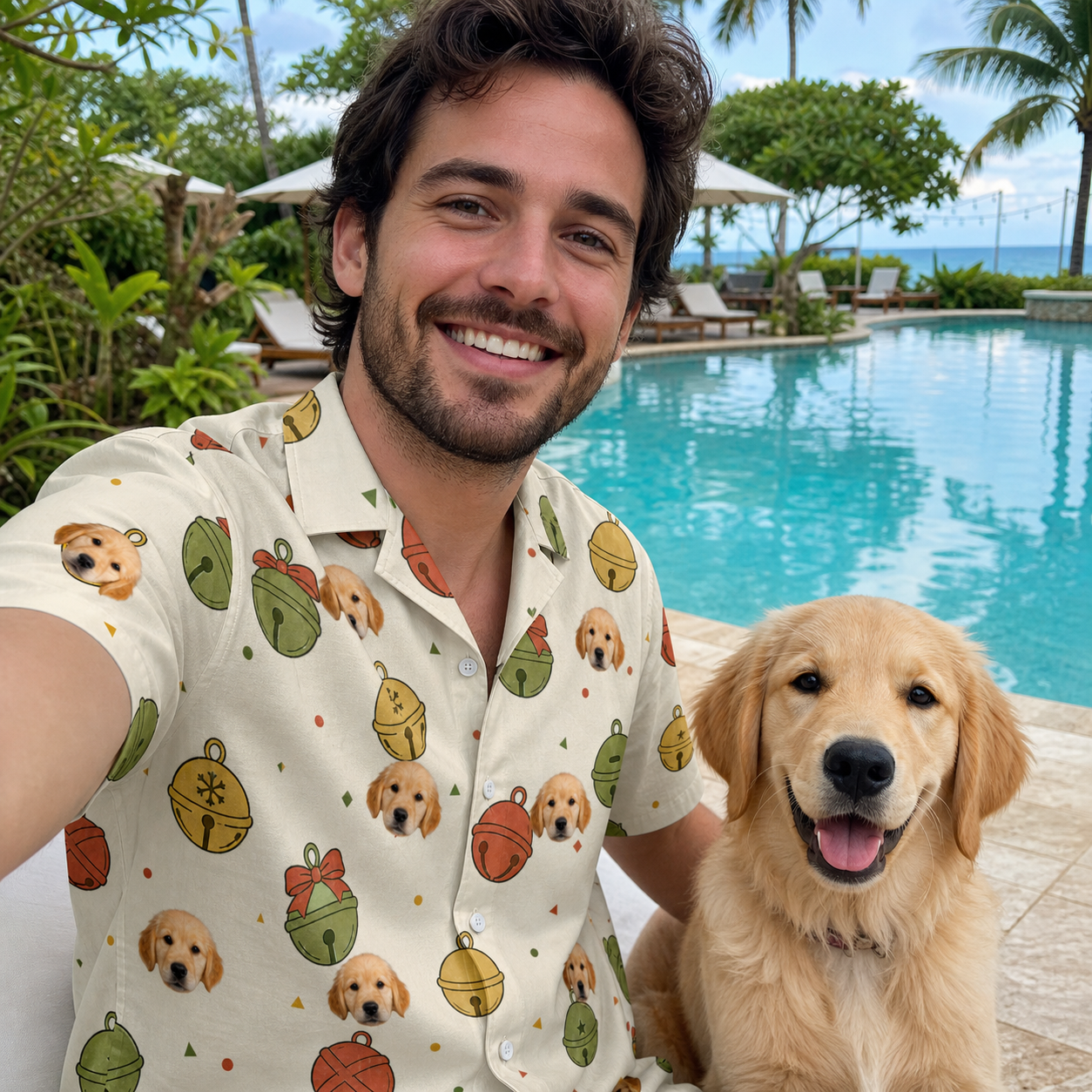 Selfie with the pet whose face is printed all over this Men's Chime Charms Custom Dog Face Hawaiian Shirt