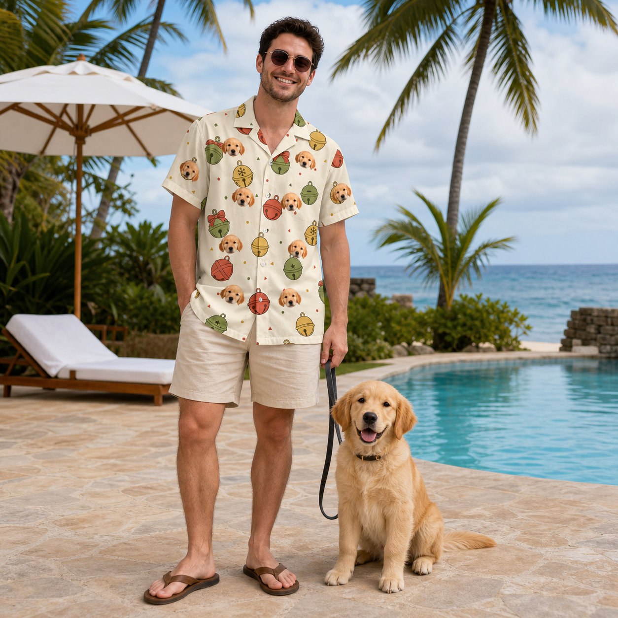 Full-length photo with the pet printed all over this Men's Chime Charms Custom Dog Face Hawaiian Shirt