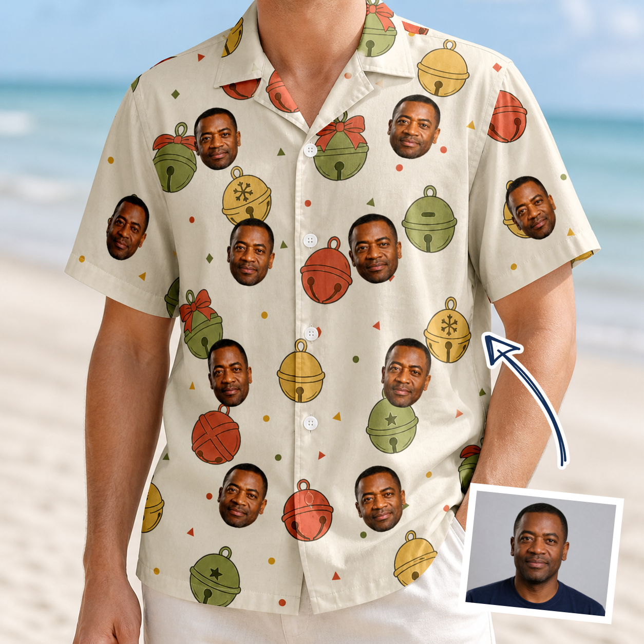 Man wearing Men's Chime Charms Custom Face Hawaiian Shirt — custom faces printed all-over