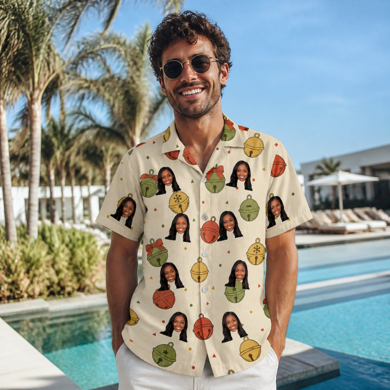 Real-life photo of someone wearing Men's Chime Charms Custom Face Hawaiian Shirt — custom faces printed all-over