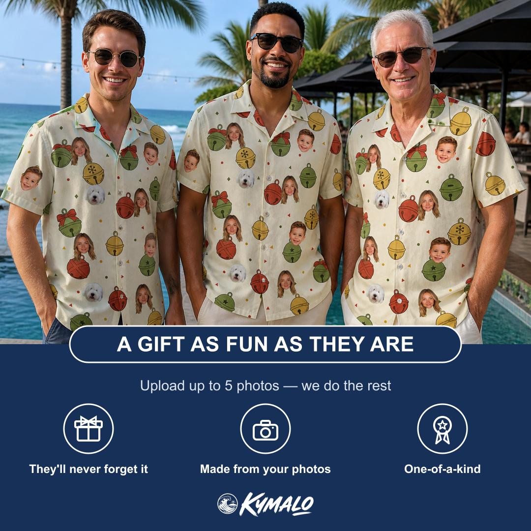 Friends in matching Men's Chime Charms Custom Face Hawaiian Shirt — a group gift photo
