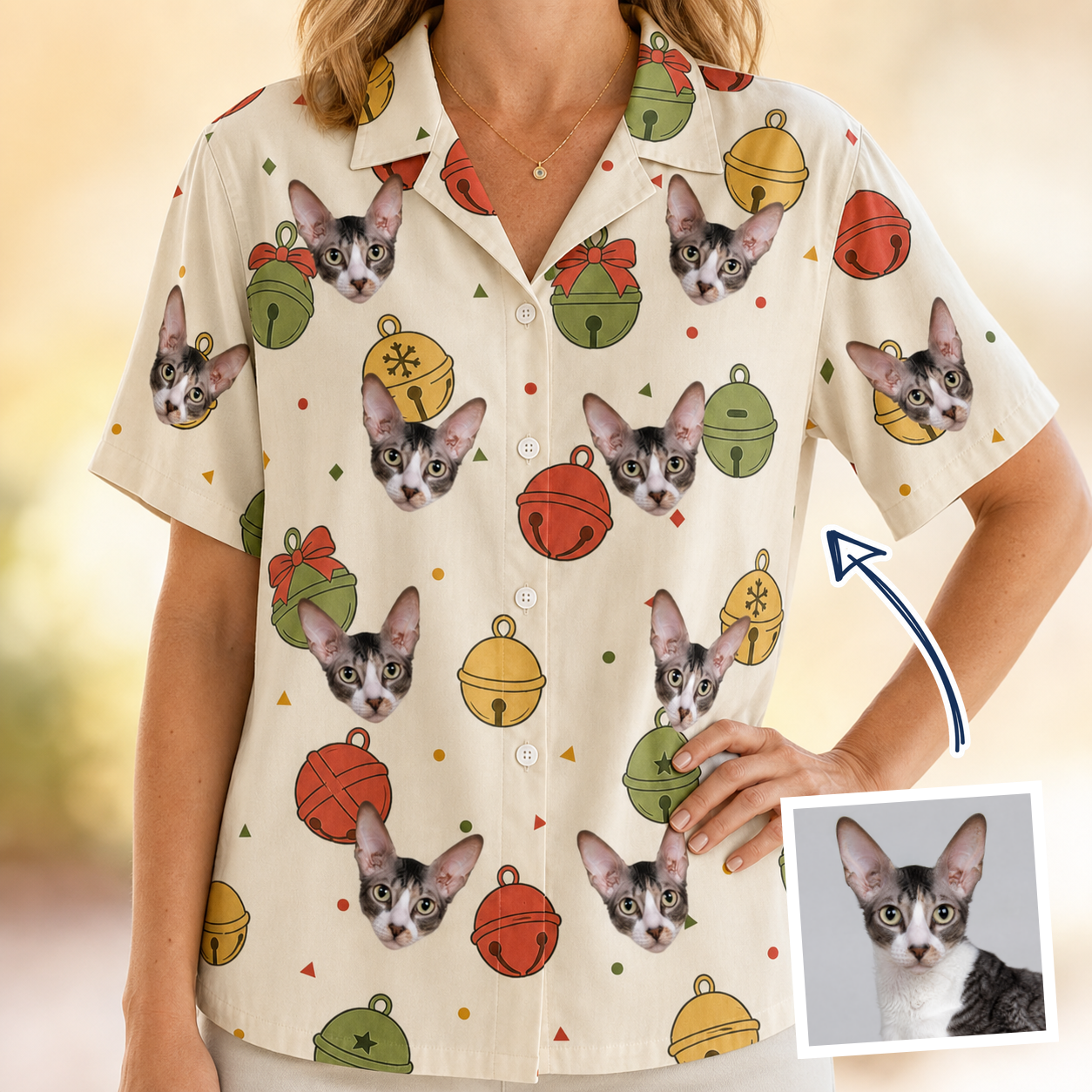 Woman wearing Women's Chime Charms Custom Cat Face Hawaiian Shirt — custom faces printed all-over