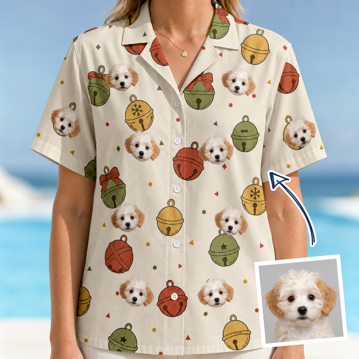 Woman wearing Women's Chime Charms Custom Dog Face Hawaiian Shirt — custom faces printed all-over