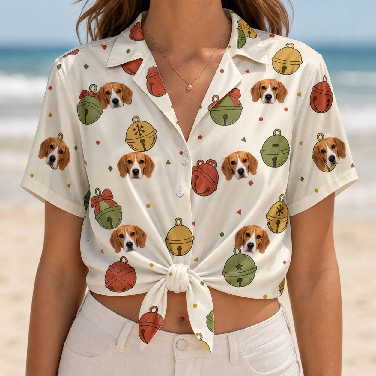Woman wearing Women's Chime Charms Custom Dog Face Hawaiian Shirt tied at the waist