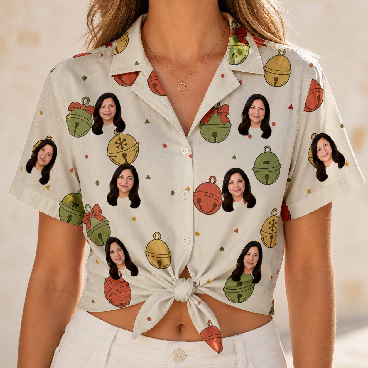 Woman wearing Women's Chime Charms Custom Face Hawaiian Shirt tied at the waist