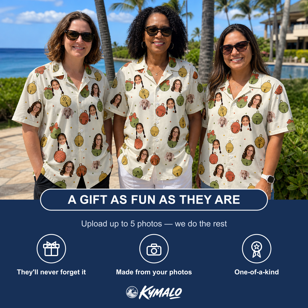 Friends in matching Women's Chime Charms Custom Face Hawaiian Shirt — a group gift photo